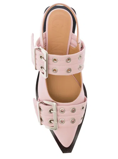 Shop Ganni 'wide Belt Buckle' Pink Ballerina Flat In Leather Woman