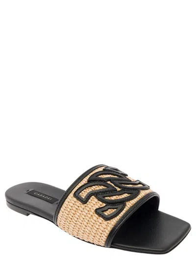 Shop Casadei 'portofino' Black Slip-on Sandals With C-chain Logo In Leather Woman In Beige