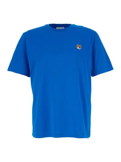 Shop Maison Kitsuné Blue T-shirt With Fox Head Patch In Cotton Man