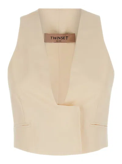 Shop Twinset Beige Crop Vest With Concealed Closure In Linen Blend Woman In White
