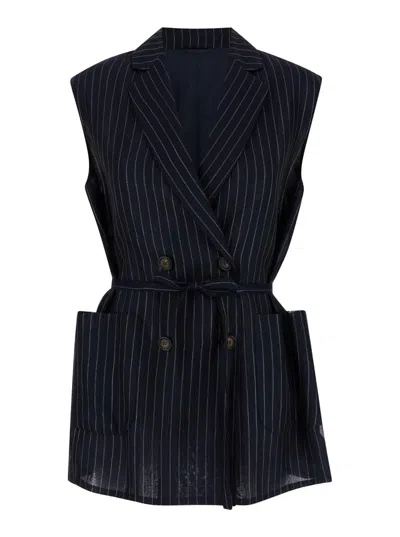 Shop Brunello Cucinelli Blue Striped Vest With Belt In Cotton Blend Woman