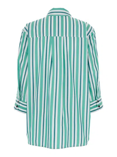 Shop Ganni Green Striped Shirt In Organic Cotton Woman