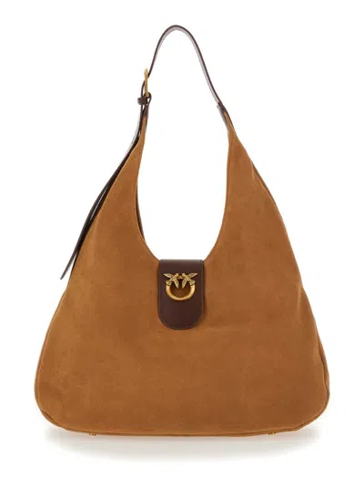 Shop Pinko Brown Big Hobo Bag With Logo Detail In Suede Woman