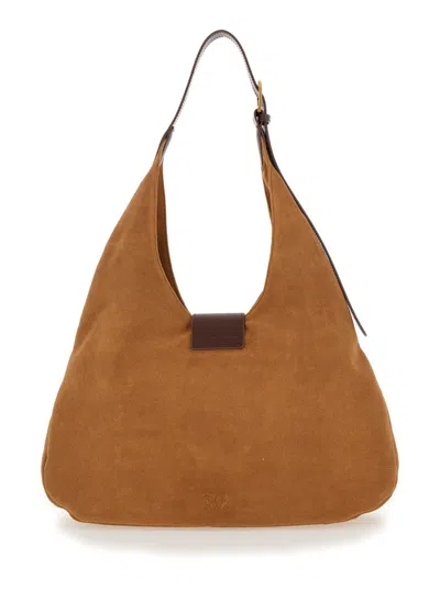 Shop Pinko Brown Big Hobo Bag With Logo Detail In Suede Woman