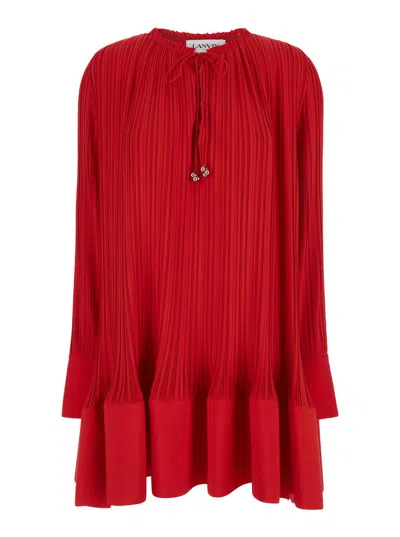 Shop Lanvin Long Sleeve Flare Pleated Dress In Red