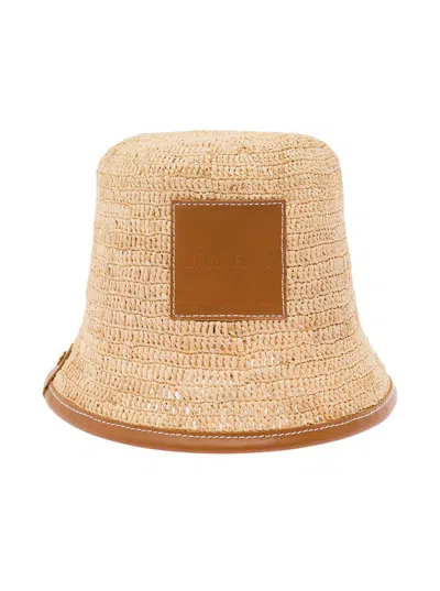 Shop Jacquemus 'le Bob Soli' Beige Bucket Hat With Logo Patch In Raffia Woman In Brown