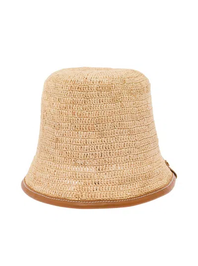 Shop Jacquemus 'le Bob Soli' Beige Bucket Hat With Logo Patch In Raffia Woman In Brown
