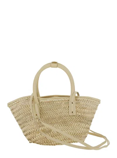 Shop Jacquemus 'le Panier Soli' Beige And White Tote Bag With Patch Pocket And Logo In Straw And Leather Woman