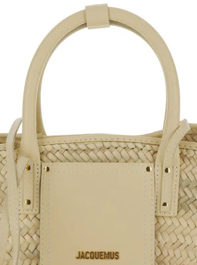 Shop Jacquemus 'le Panier Soli' Beige And White Tote Bag With Patch Pocket And Logo In Straw And Leather Woman