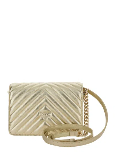 Shop Pinko 'love Click Mini' Gold Shoulder Bag With Logo Plaque In Chevron Leather Woman In Grey