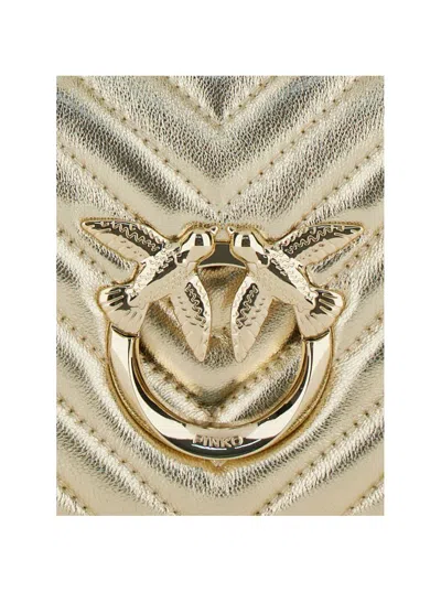 Shop Pinko 'love Click Mini' Gold Shoulder Bag With Logo Plaque In Chevron Leather Woman In Grey