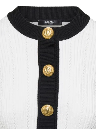 Shop Balmain Ls Buttoned Round Neck Knit Cardigan In White/black