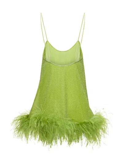 Shop Oseree Green Mini Dress With Feathers In Lurex Woman