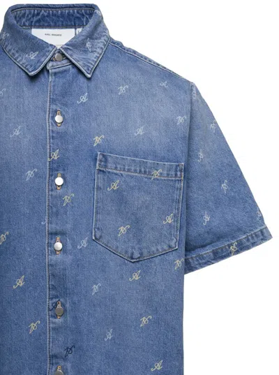 Shop Axel Arigato Blue Jeans Shirt With Logo All Over In Denim Man