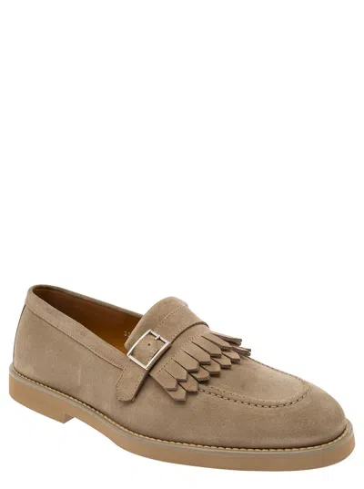 Shop Doucal's Beige Loafers With Fringe And Buckle In Suede Man