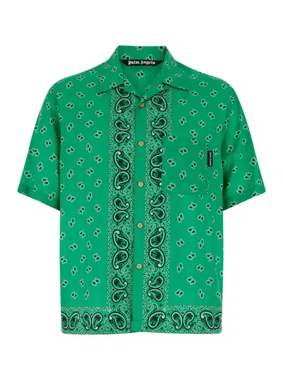 Shop Palm Angels Green Bowling Shirt With Paisley Print In Viscose Man In Black