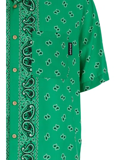 Shop Palm Angels Green Bowling Shirt With Paisley Print In Viscose Man In Black