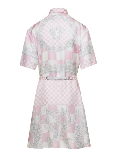 Shop Versace Pink Shirt Dress With All-over Signature Baroque Print In Silk Woman