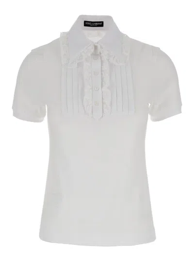 Shop Dolce & Gabbana White Polo Shirt With Pleated Plastron In Cotton Blend Woman