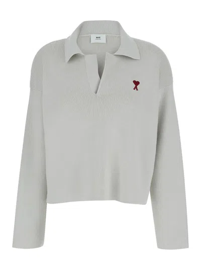 Shop Ami Alexandre Mattiussi White Polo Sweater With Embroidered Ami De Coeur Logo In Cotton Woman