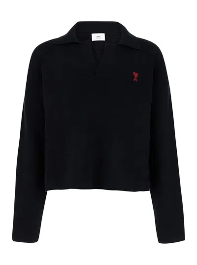 Shop Ami Alexandre Mattiussi Black Polo Sweater With Embroidered Ami De Coeur Logo In Cotton Woman