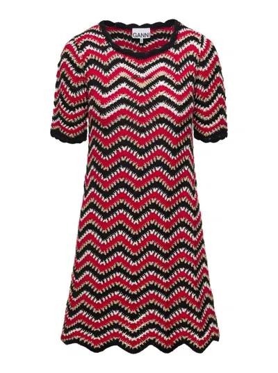 Shop Ganni Red Crochet Mini Dress In Organic Cotton Woman