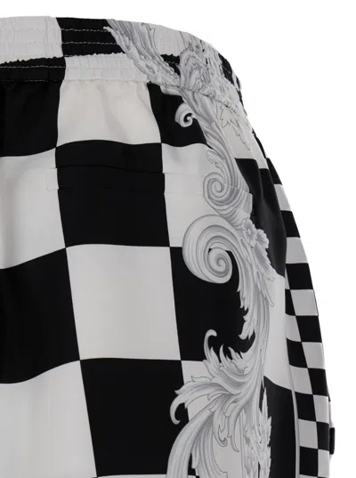 Shop Versace Black And White Shorts With Baroque Print In Techno Fabric Man