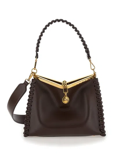 Shop Etro 'vela' Brown Shoulder Bag With Thread Work In Leather Woman