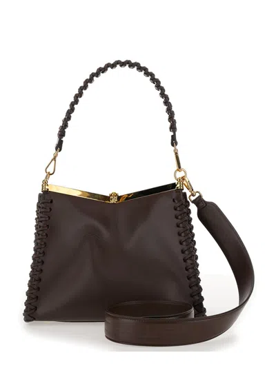 Shop Etro 'vela' Brown Shoulder Bag With Thread Work In Leather Woman