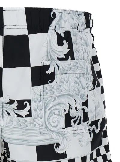 Shop Versace Light Blue And Black Swim Trunks With Nautical Barocco Print In Tech Fabric Man In White/black