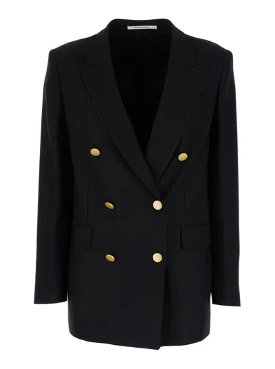 Shop Tagliatore Black Double-breasted Blazer With Gold-tone Buttons In Viscose Blend Woman