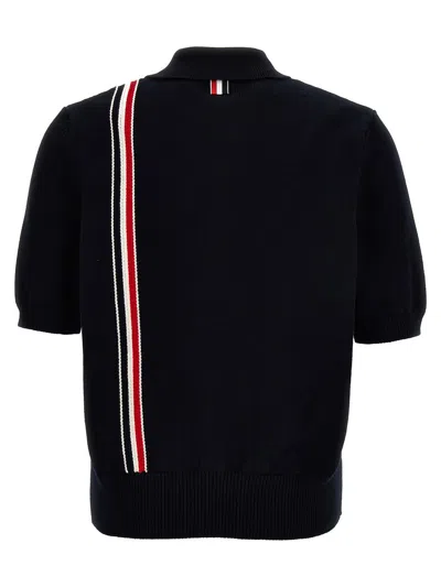Shop Thom Browne Cotton Knit Polo Shirt With Rwb Stripe In Blue