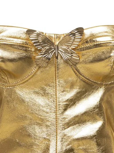 Shop Blumarine Gold Bustier Top With Butterfly Detail In Laminated Leather Woman In Grey