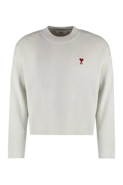 Shop Ami Alexandre Mattiussi Ami Paris Cotton Blend Crew-neck Sweater In Ecru