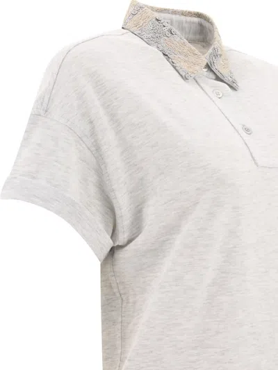 Shop Brunello Cucinelli Polo Shirt With Magnolia Embroidery Collar In Grey