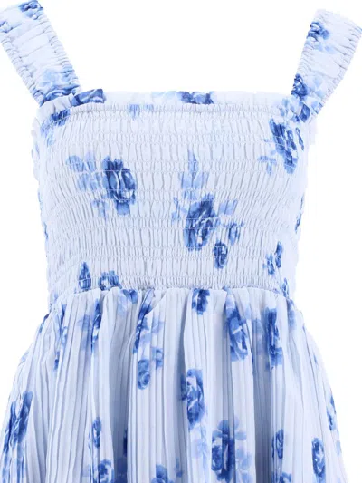 Shop Ganni Pleated Dress With Ruffles In Blue