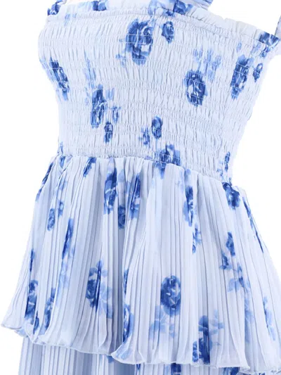 Shop Ganni Pleated Dress With Ruffles In Blue