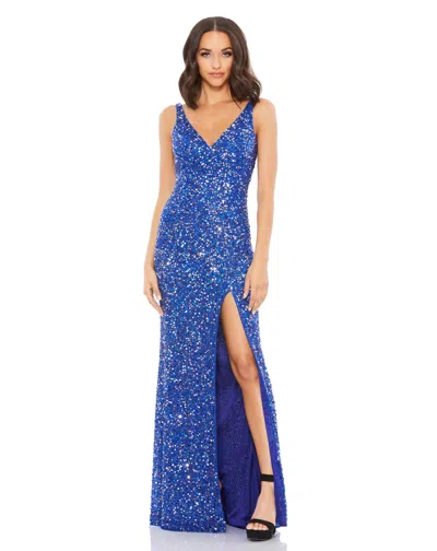 Shop Mac Duggal Sequined Sleeveless V Neck Side Slit Gown In Royal Blue