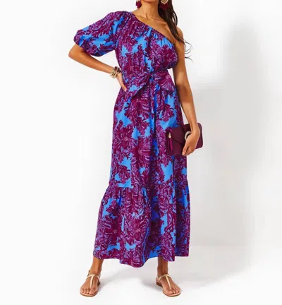 Shop Lilly Pulitzer Zelalynn One Shoulder Cotton Maxi Dress In Abaco Blue Feel Like A Shellebrity In Multi