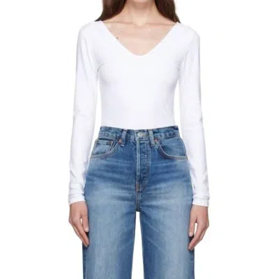 Re/done V Neck Long Sleeve Bodysuit In White In White