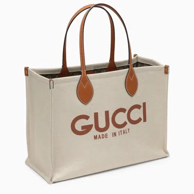 Shop Gucci Canvas Shopping Bag With Logo Women In Cream