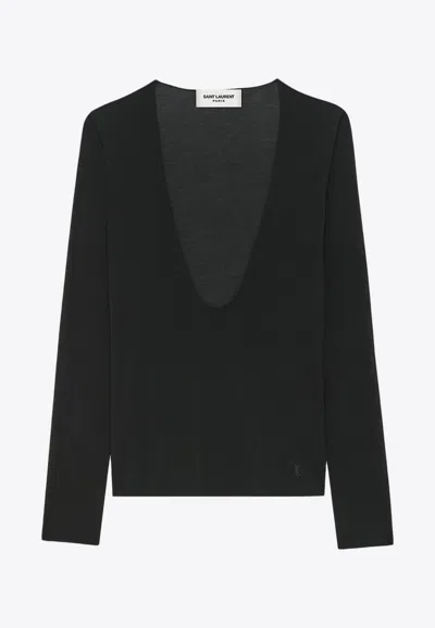 Shop Saint Laurent Cassandre Embroidered U-neck Silk Sweater In Black