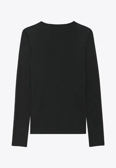 Shop Saint Laurent Cassandre Embroidered U-neck Silk Sweater In Black