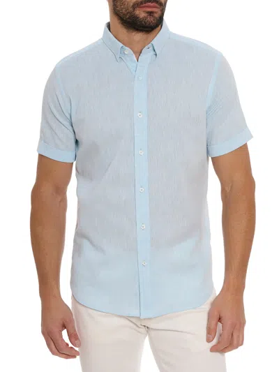 Robert Graham Palmer Tailored Fit Short Sleeve Linen Blend Button-up Shirt In Turquoise