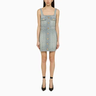 Shop Balmain Light Blue Denim Mini Dress With Monogram