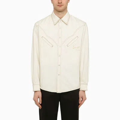 Shop Kenzo Stone-white Cotton Shirt With Logo In Grey