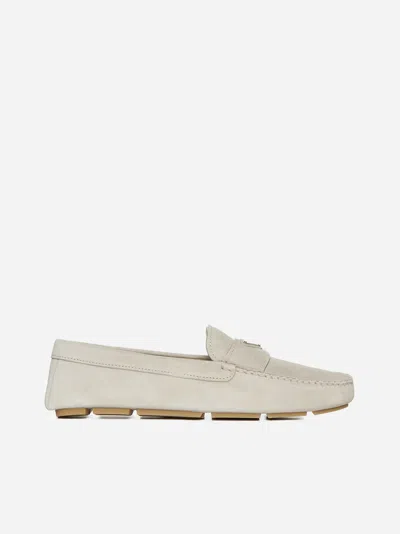 Shop Prada Suede Boat Loafers In Ivory