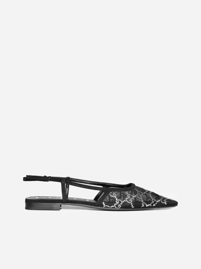 Shop Gucci Gg Mesh And Suede Slingback Ballet Flats In Black