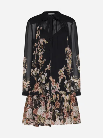 Shop Zimmermann Natura Print Viscose Mini Dress In Coral Garden Black