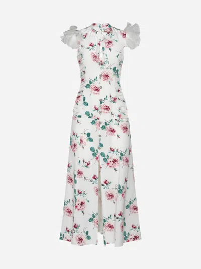 Shop Alessandra Rich Rose Print Silk Long Dress In White
